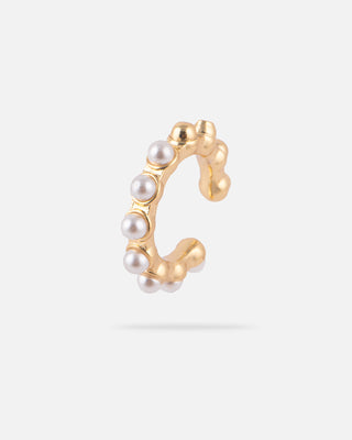 ARETE DE GRAPA TIPO EARCUFF REDONDO EN CHAPA DE ORO DORADO DE FORMA REDONDA CON DETALLES DE PERLAS BLANCAS GRANDES - MICHELLE ACCESORIOS