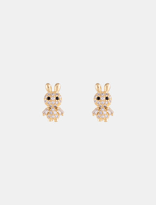 ARETES CHAPA DE ORO TIPO BROQUEL EN FORMA DE CONEJITOS CON DETALLES DE PEDRERÍA ZIRCONIA - MICHELLE ACCESORIOS