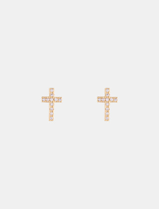 ARETES CHAPA DE ORO TIPO BROQUEL EN FORMA DE CRUZ CON DETALLES DE PEDRERÍA ZIRCONIA - MICHELLE ACCESORIOS