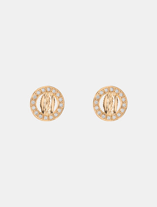 ARETES CHAPA DE ORO TIPO BROQUEL EN FORMA DE OVALO CON VIRGEN DE GUADALUPE CON DETALLES EN PEDRERÍA ZIRCONIA - MICHELLE ACCESORIOS