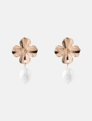 ARETES DE BISUTERÍA TIPO BROQUEL EN FORMA DE FLOR DORADA CON PIEDRA COLGANTE TIPO PERLA - MICHELLE ACCESORIOS