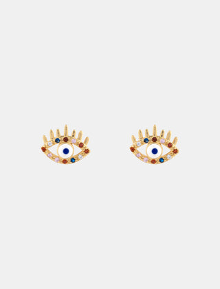 ARETES DE CHAPA DE ORO CON FORMA DE OJO TURCO CON DETALLES DE ZIRCONIA MULTICOLOR DE 1.3 CM DE ANCHO - MICHELLE ACCESORIOS
