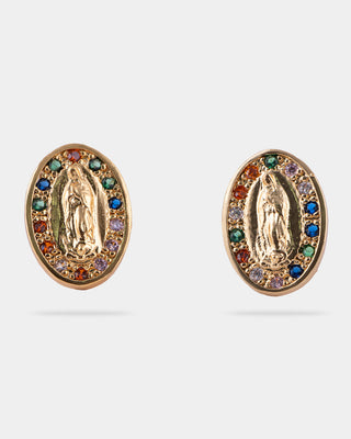 ARETES DE CHAPA DE ORO CON IMAGEN DE LA VIRGEN DE GUADALUPE CON DETALLES DE ZIRCONIA DE 1 CM DE LARGO - MICHELLE ACCESORIOS 