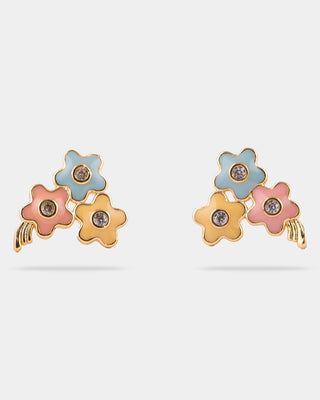 ARETES DE CHAPA DE ORO DE FLORES CON DETALLES DE ZIRCONIA DE 1.3 CM DE LARGO - MICHELLE ACCESORIOS