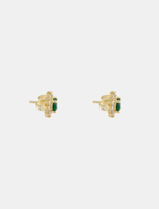 ARETES DE FLOR EN CHAPA ED ORO CON DETALLES DE PEDRERÍA EN COLOR VERDE DE 1 CM DE LARGO - MICHELLE ACCESORIOS