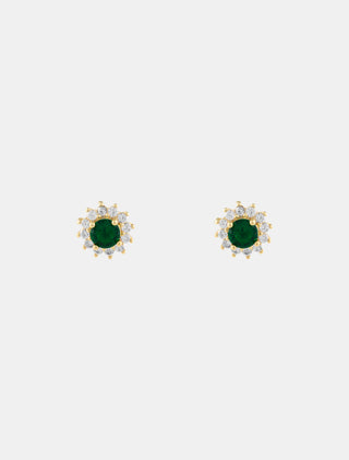 ARETES DE FLOR EN CHAPA ED ORO CON DETALLES DE PEDRERÍA EN COLOR VERDE DE 1 CM DE LARGO - MICHELLE ACCESORIOS