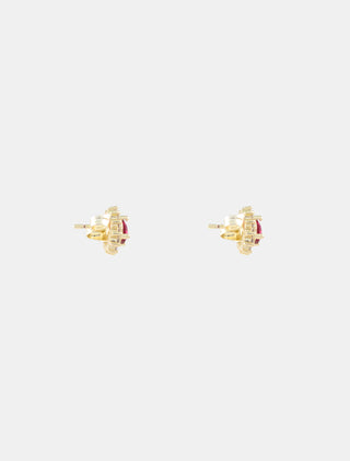 ARETES DE FLOR EN CHAPA DE ORO DORADO CON DETALLES DE PEDRERÍA EN COLOR ROJO DE 1 CM DE LARGO - MICHELLE ACCESORIOS