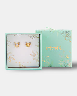 ARETES DE MARIPOSA EN CHAPA DE ORO CON DETALLES DE ZIRCONIA MULTICOLOR E  2 CM DE LAGO - MICHELLE ACCESORIOS