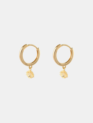 ARETES HUGGIES DE CHAPA DE ORO CON DIJE DE OJO TURCO Y DETALLE EN ZIRCONIA DE 2 CM DE LARGO - MICHELLE ACCESORIOS