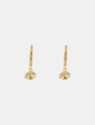 ARETES HUGGIES DE CHAPA DE ORO CON DIJE DE OJO TURCO Y DETALLE EN ZIRCONIA DE 2 CM DE LARGO - MICHELLE ACCESORIOS