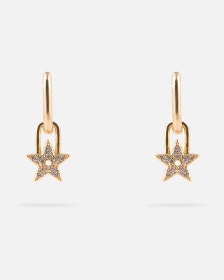 ARETES HUGGIES DE CHAPA DE ORO CON ESTRELLA COLGANTE DE PEDRERÍA LARGO DE 3 CM - MICHELLE ACCESORIOS