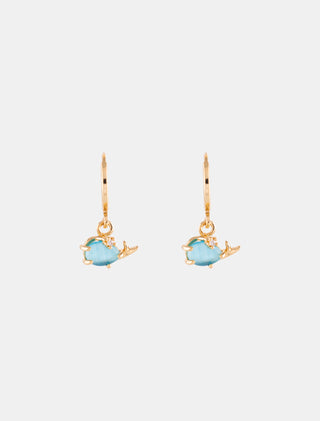 ARETES HUGGIES EN CHAPA DE ORO DORADOS LISOS CON COLGANTE DE BALLENITA CON PIEDRA AZUL - MICHELLE ACCESORIOS