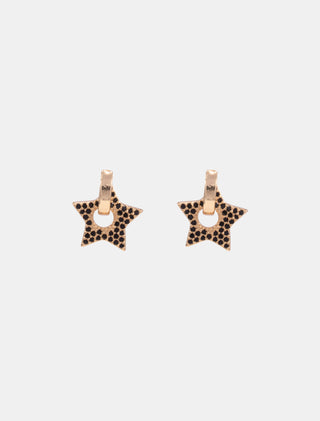 ARETES HUGGIES EN CHAPA DE ORO DORADOS LISOS CON COLGANTE DE ESTRELLA Y DETALLES DE PEDRERÍA NEGRA - MICHELLE ACCESORIOS