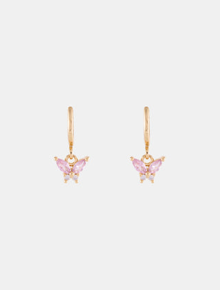 ARETES HUGGIES EN CHAPA DE ORO DORADOS LISOS CON COLGANTE DE MARIPOSA CON PIEDRA ROSA - MICHELLE ACCESORIOS