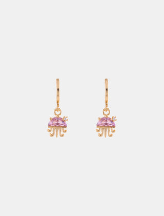 ARETES HUGGIES EN CHAPA DE ORO DORADOS LISOS CON COLGANTE DE MEDUSA CON PIEDRA ROSA - MICHELLE ACCESORIOS