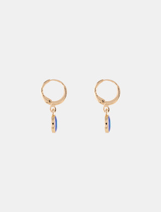 ARETES HUGGIES EN CHAPA DE ORO DORADOS LISOS CON COLGANTES DE OJO TURCO AZUL REY - MICHELLE ACCESORIOS