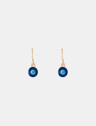 ARETES HUGGIES EN CHAPA DE ORO DORADOS LISOS CON COLGANTES DE OJO TURCO AZUL REY - MICHELLE ACCESORIOS