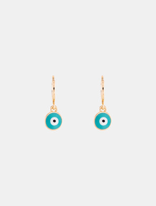 ARETES HUGGIES EN CHAPA DE ORO DORADOS LISOS CON COLGANTE DE OJO TURCO AZUL TURQUESA - MICHELLE ACCESORIOS