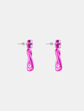 ARETES TIPO BROQUEL CON GOTA COLGANTE DE METAL FUCSIA CON PIEDRA BLANCA MEDIDA 3.2 CM - MICHELLE ACCESORIOS