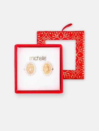 ARETES TIPO BROQUEL CON VIRGEN DE GUADALUPE EN CHAPA DE ORO COLOR DORADO CON DETALLES DE PEDRERÍA DE ZIRCONIA - MICHELLE ACCESORIOS