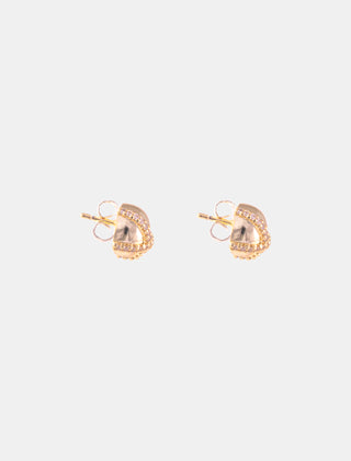 ARETES TIPO BROQUEL EN CHAPA DE ORO COLOR DORADO DE BOLITA CON LÍNEAS CRUZADAS FORMANDO UNA EQUIS CON DETALLES DE PEDRERÍA DE CRISTAL - MICHELLE ACCESORIOS