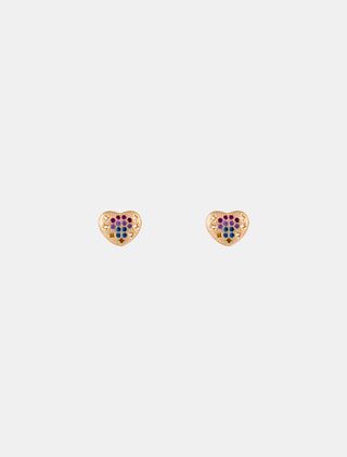 ARETES TIPO BROQUEL EN CHAPA DE ORO FORMA DE CORAZÓN COLOR DORADO CON DETALLES EN PEDRERÍA DE CRISTAL FINA DE COLORES - MICHELLE ACCESORIOS