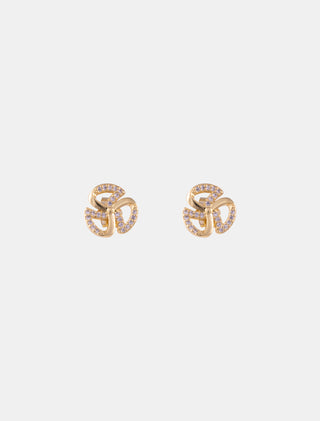 ARETES TIPO BROQUEL EN CHAPA DE ORO EN FORMA DE FLOR DE LA SUERTE DORADO CON DETALLES DE PEDRERÍA - MICHELLE ACCESORIOS
