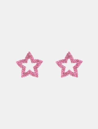 ARETES TIPO BROQUEL EN FORMA DE ESTRELLA CON PEDRERÍA EN COLOR ROSADO Y ACABADO METÁLICO DE 3 CM DE LARGO - MICHELLE ACCESORIOS