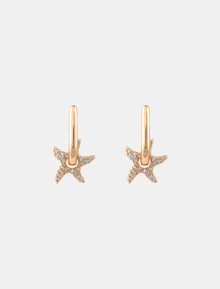 ARETES TIPO HUGGIES EN CHAPA DE ORO DORADOS DE ESTRELLA COLGANTE CON DETALLES DE PEDRERÍA FINA - MICHELLE ACCESORIOS