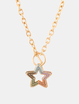 COLLAR EN CHAPA DE ORO CON CADENA DORADA DE BROCHE ESPECIAL Y DIJE DE ESTRELLA CON DETALLES DE PEDRERÍA DE COLORES - MICHELLE ACCESORIOS