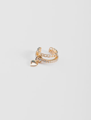 EARCUFF CHAPA DE ORO COLOR DORADO CON DISEÑO DE DOS AROS UNO CON ESLABONES Y OTRO CON DETALLES DE PEDRERÍA Y CORAZÓN COLGANTE - MICHELLE ACCESORIOS