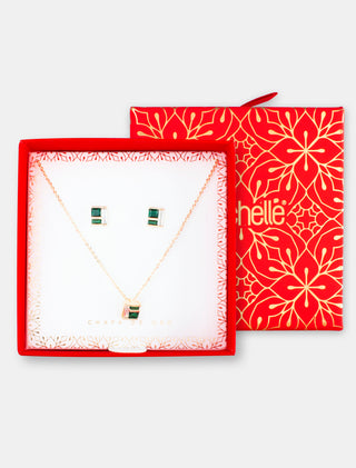 JUEGO DE ACCESORIOS EN CHAPA DE ORO COLLAR CON DIJE DE PIEDRA VERDE Y ARETES PIEDRA VERDE INCUYE CAJA DE REGALO NAVIDEÑA - MICHELLE ACCESORIOS