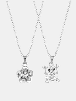 JUEGO DE COLLARES CON DIJE DE RANA Y FLOR DE LOTO EN COLOR PLATA - MICHELLE ACCESORIOS