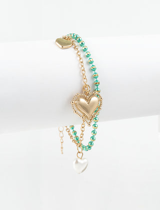 JUEGO DE PULSERAS DOBLE DORADA CON DIJE DE CORAZÓN Y VERDE - MICHELLE ACCESORIOS