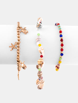 JUEGO DE TRES PULSERAS CON CUENTAS DE COLORES Y CONCHA TIPO NACAR EN COLOR BLANCO CON FORMA DE CORAZÓN - MICHELLE ACCESORIOS
