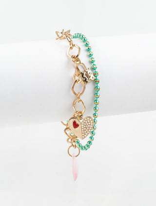 PULSERA DE FANTASÍA CON CADENA DORADA Y CADENA VERDE DIJE DE CORAZÓN - MICHELLE ACCESORIOS