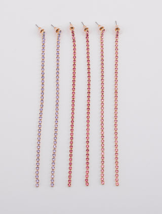 SET DE 3 PARES DE ARETES LARGOS DE FANTASIA EN COLOR DORADO CON PIEDRAS DE COLOR ROSA FUCSIA Y MORADO - MICHELLE ACCESORIOS