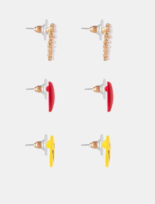 SET DE 3 PARES DE ARETES TIPO BROQUELL EN FORMA DE CARITA FELIZ AMARILLA CORAZONES ROJOS Y CORAZONES CON PERLAS - MICHELLE ACCESORIOS