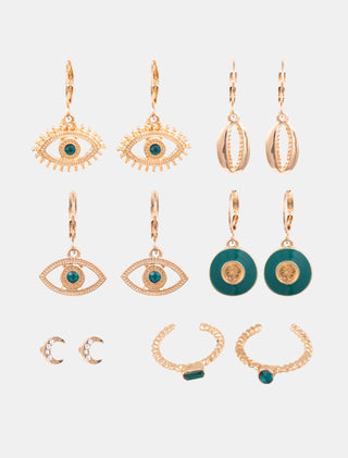 SET DE ARETES DORADOS CON VERDE DE OJOS EARCUFF - MICHELLE ACCESORIOS