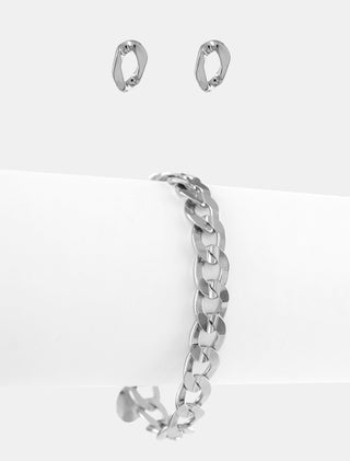 SET DE PAR DE ARETES BROQUEL PULSERA DE FANTASÍA EN COLOR PLATA CON FORMA DE ESLABONES EN COLOR PLATA - MICHELLE ACCESORIOS