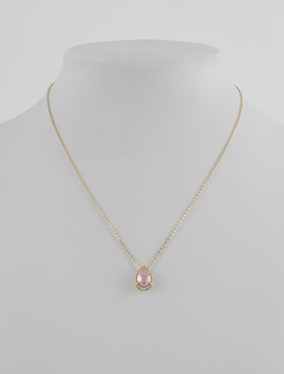 SET EN CHAPA DE ORO COLOR DORADO DE LA COLECCIÓN EL ARTE DE SER MAMÁ DE ARETES TIPO BROQUEL Y COLLAR OCN DIJE DE GOTA CON PIEDRA COLOR ROSA Y DE ZIRCONIA BLANCA - MICHELLE ACCESORIOS