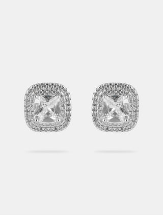 SET EN CHAPA DE ORO COLOR PLATA DE A COLECCIÓN EL ARTE DE SER MAMÁ DE ARETES TIPO BROQUEL CUADRADOS Y COLLAR CON DIJE CUADRADO CON PIEDRA BLANCA PEDRERÍA DE ZIRCONIA CON CAJA DE REGALO - MICHELLE ACCESORIOS